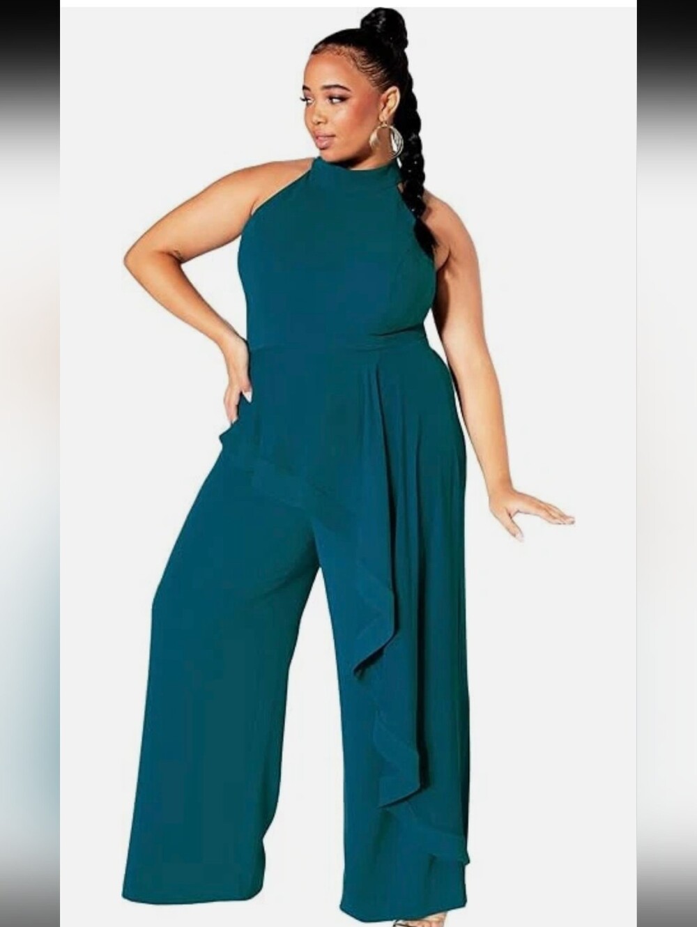 City Chic Teal High-Neck Wide-Leg Jumpsuit - Picture 2 of 9